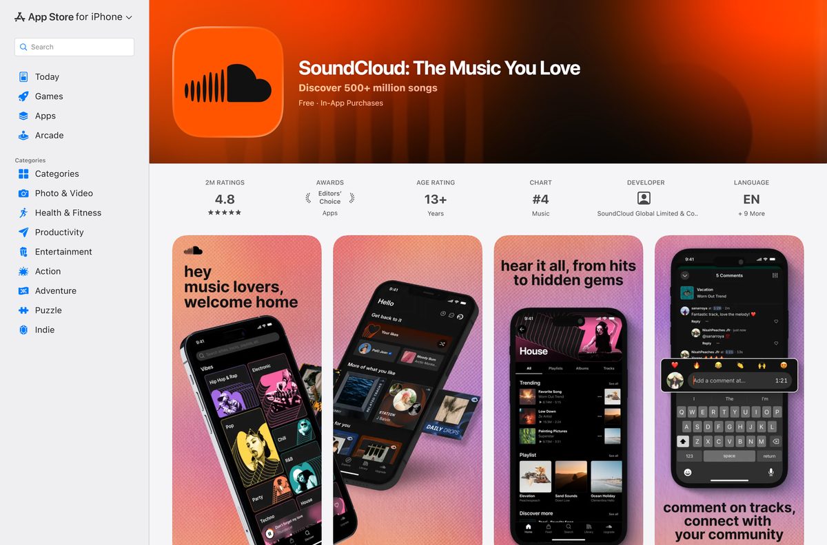 App Store listing for the SoundCloud music app with ratings