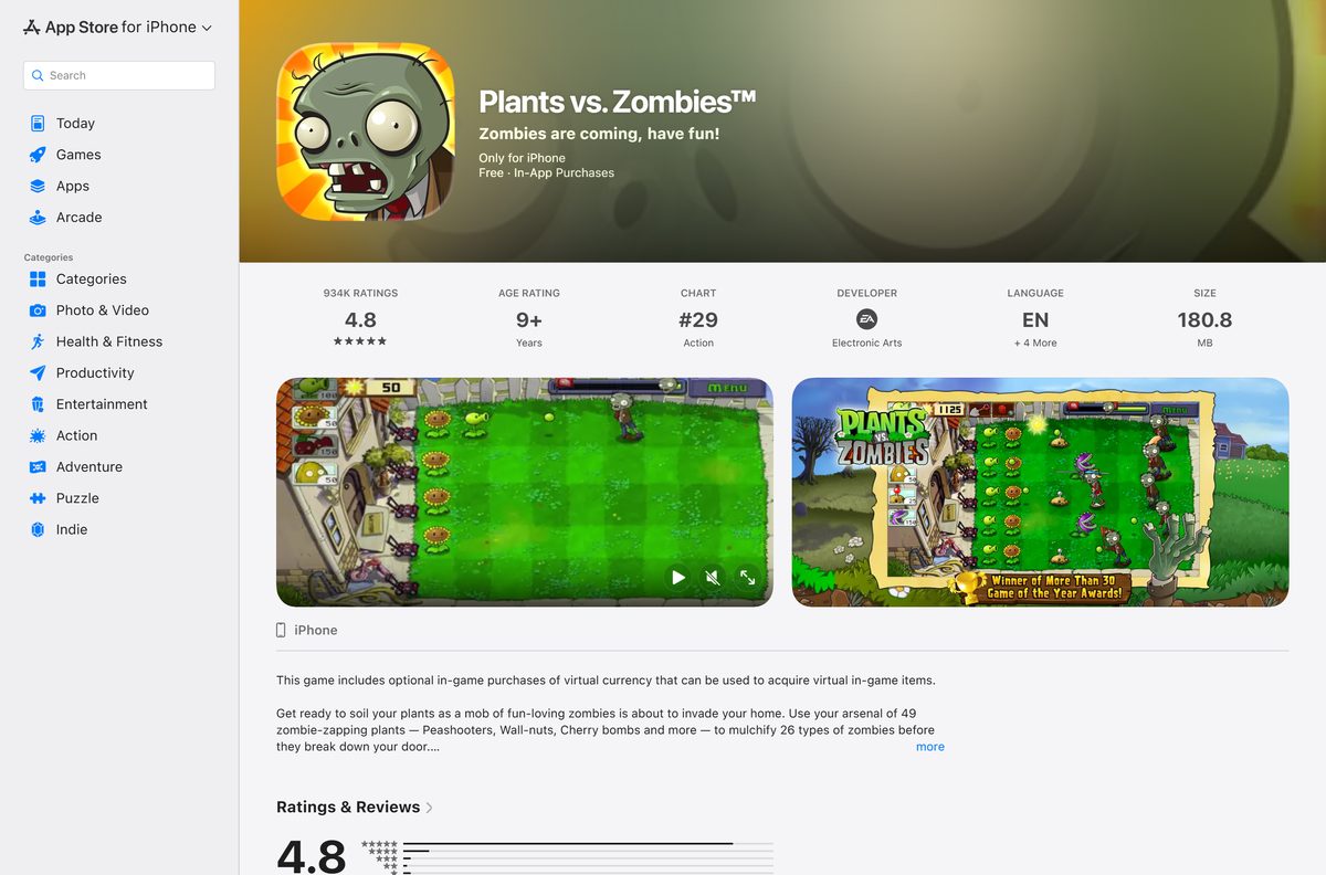 App Store listing for Plants vs. Zombies with its size and rating
