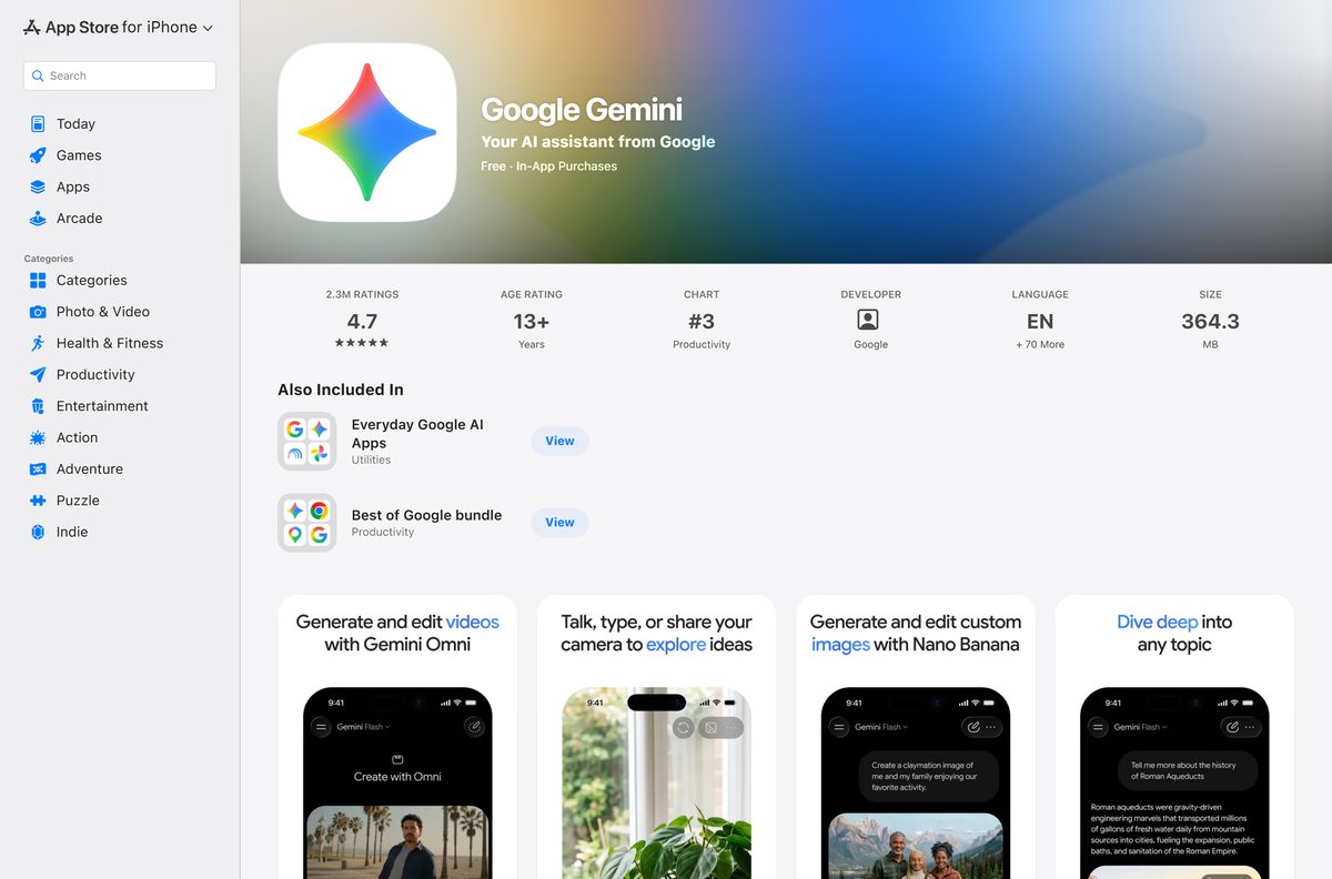 App Store listing for Google Gemini with rating and size