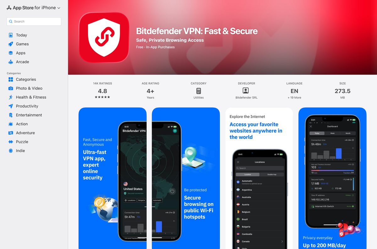 App Store listing for Bitdefender VPN with size and in-app purchases