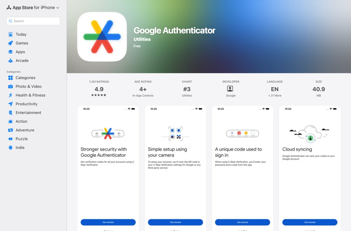 App Store listing for Google Authenticator published by Google