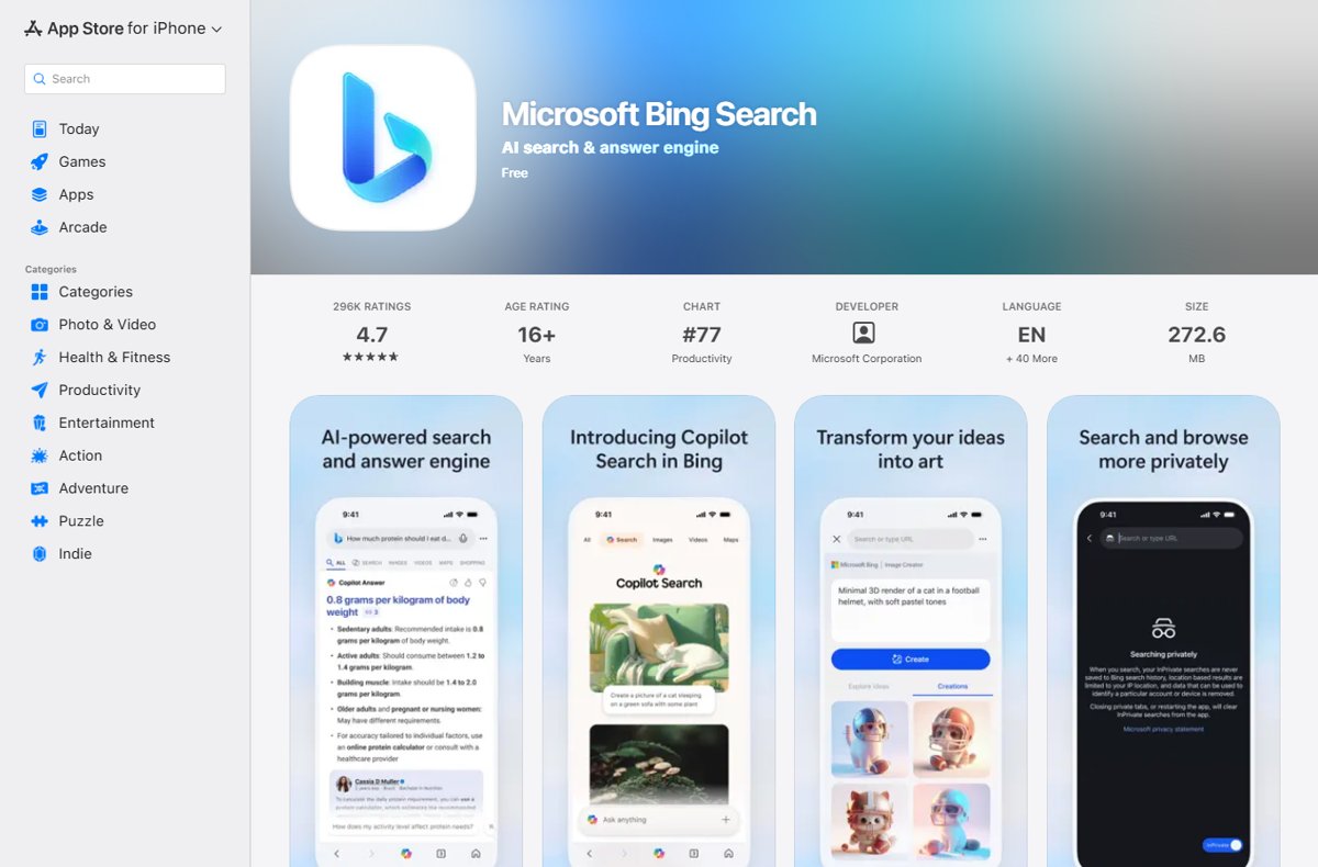 App Store listing for Microsoft Bing Search showing a 4.7 rating