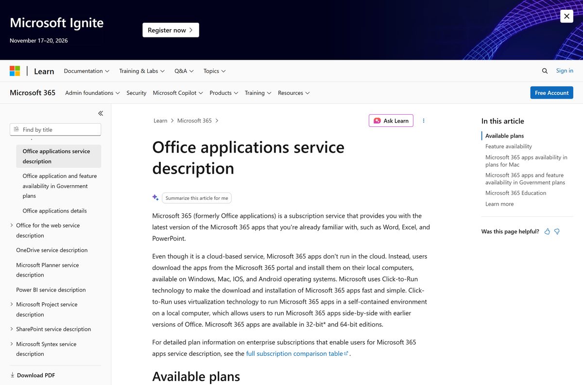 Microsoft service description table showing app availability across Office plans