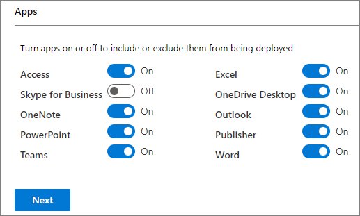 App toggle list turning individual Office apps on or off