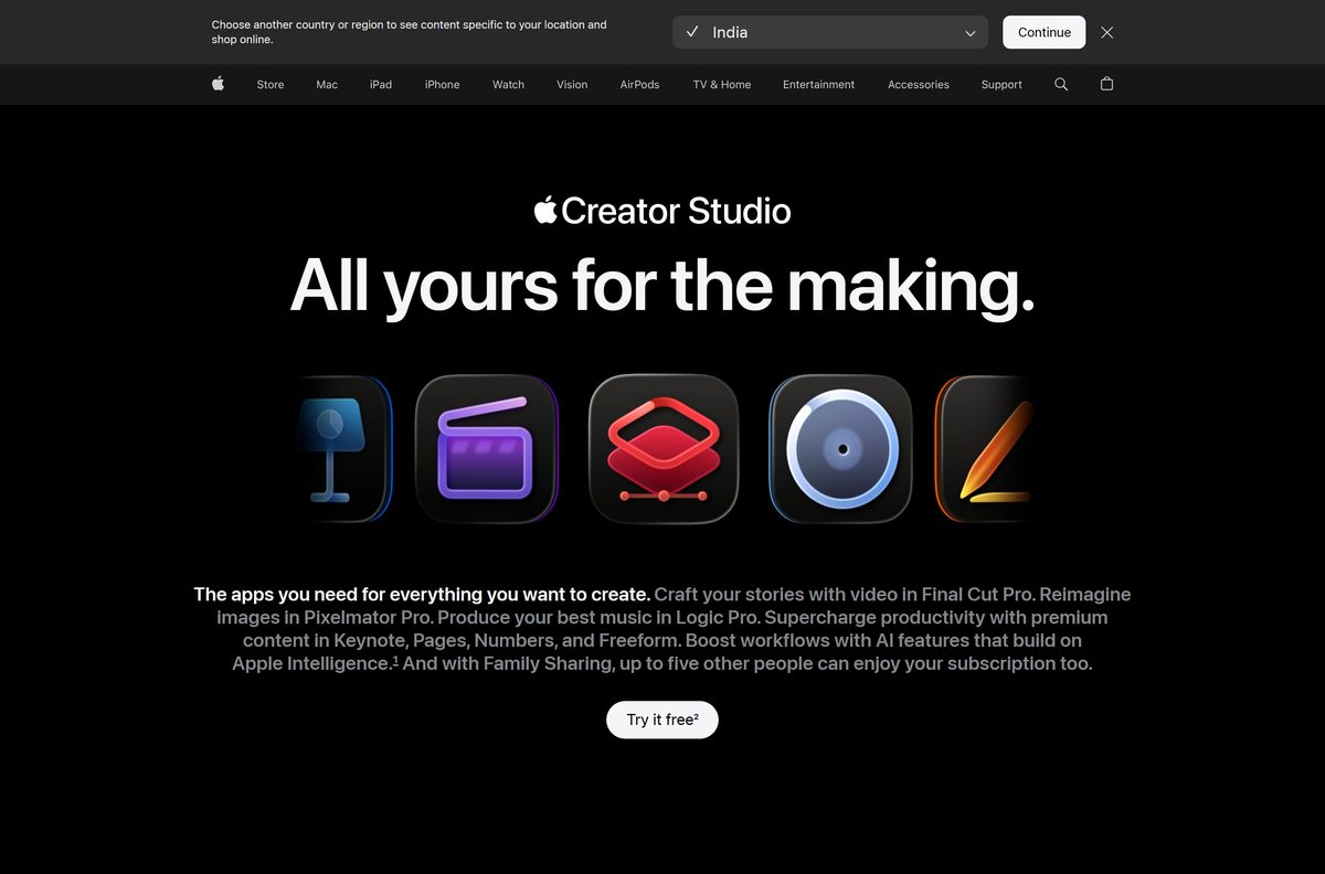 Apple Creator Studio page showing the monthly and yearly subscription prices