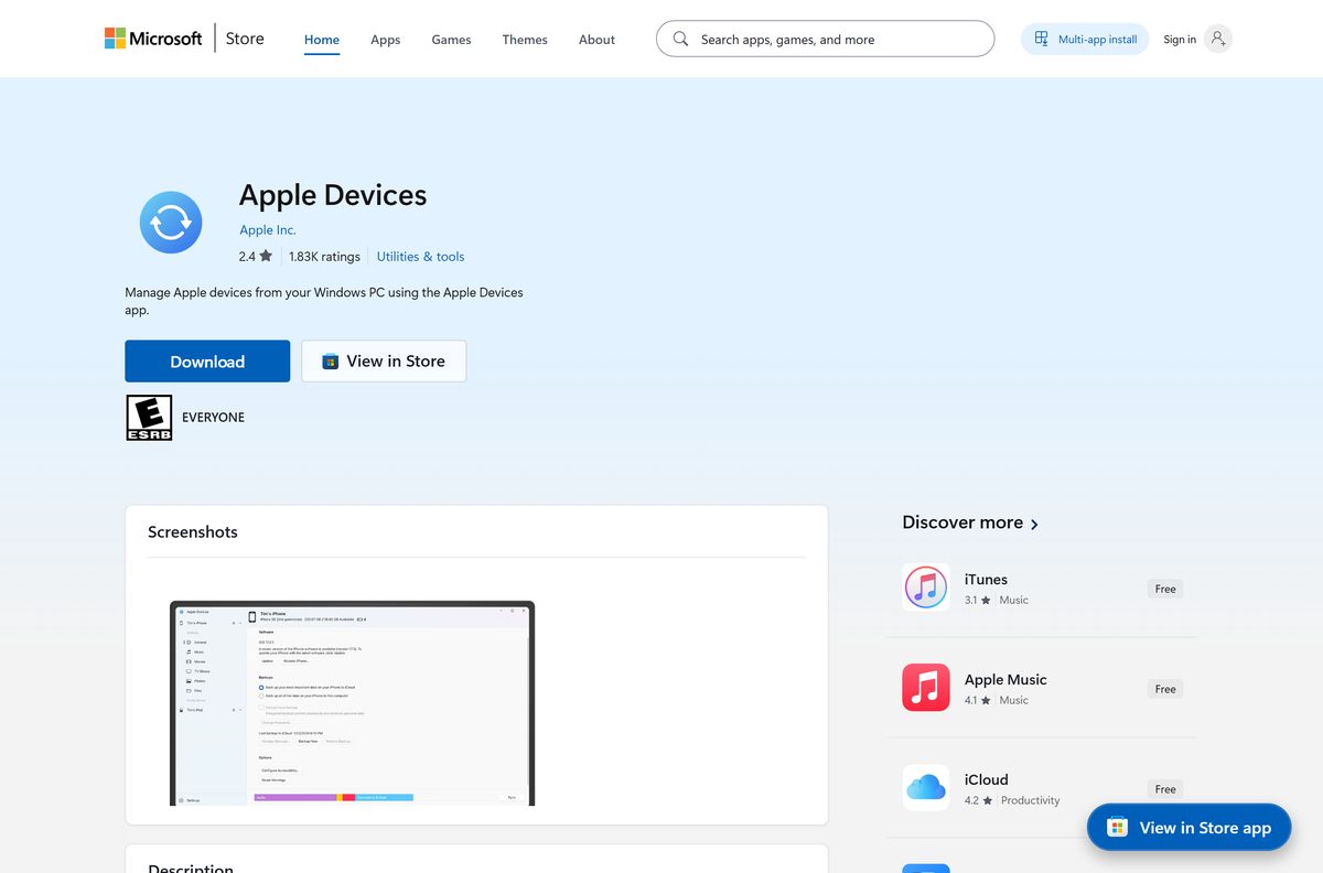 Apple Devices listing with the publisher line reading Apple Inc.