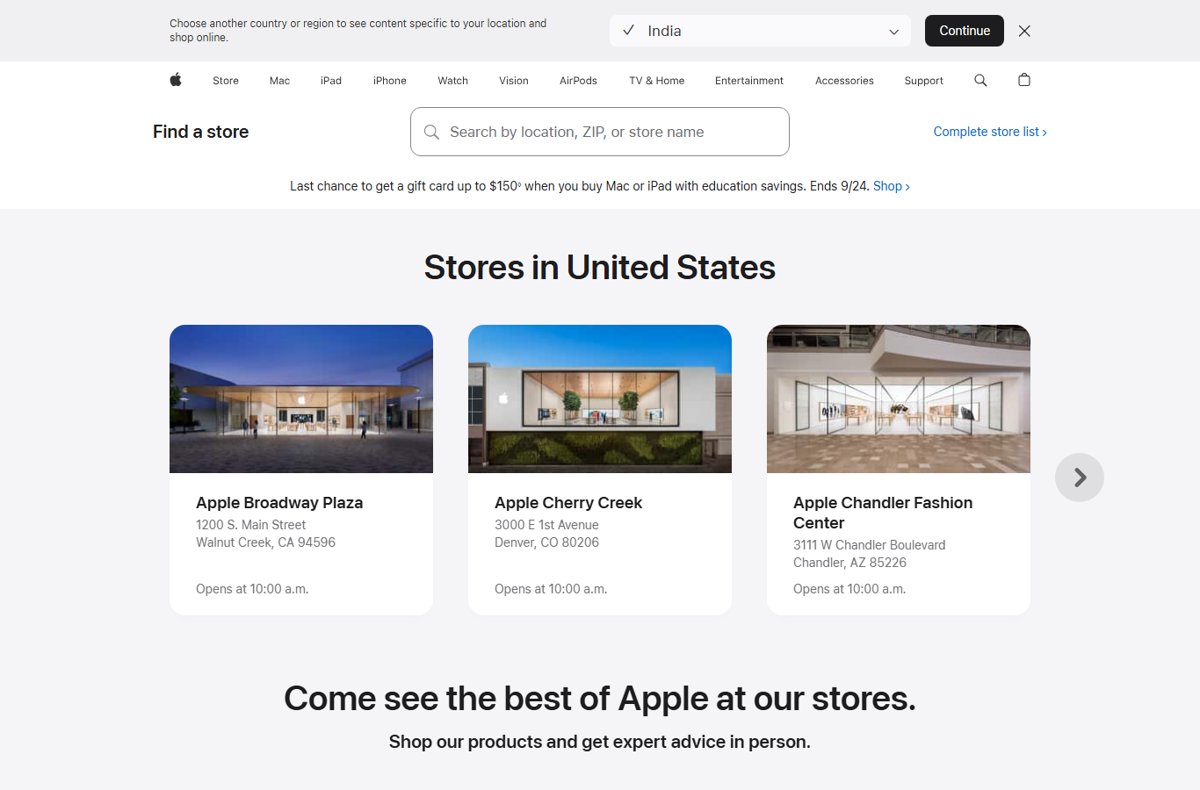 Apple Find a Store page with location search box