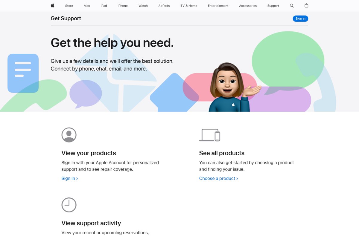 Apple Get Support website homepage with sign-in and product options