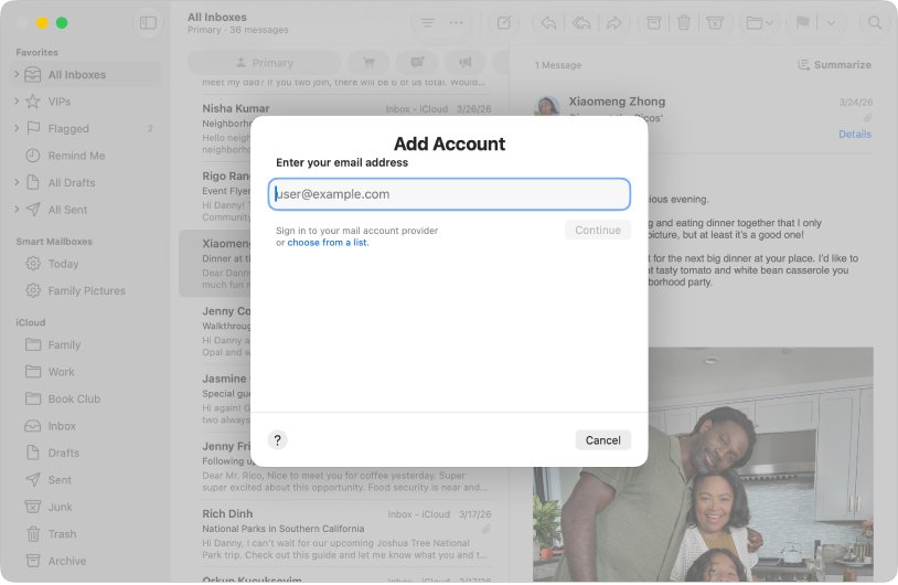 Apple Mail Add Account dialog with an empty email address field