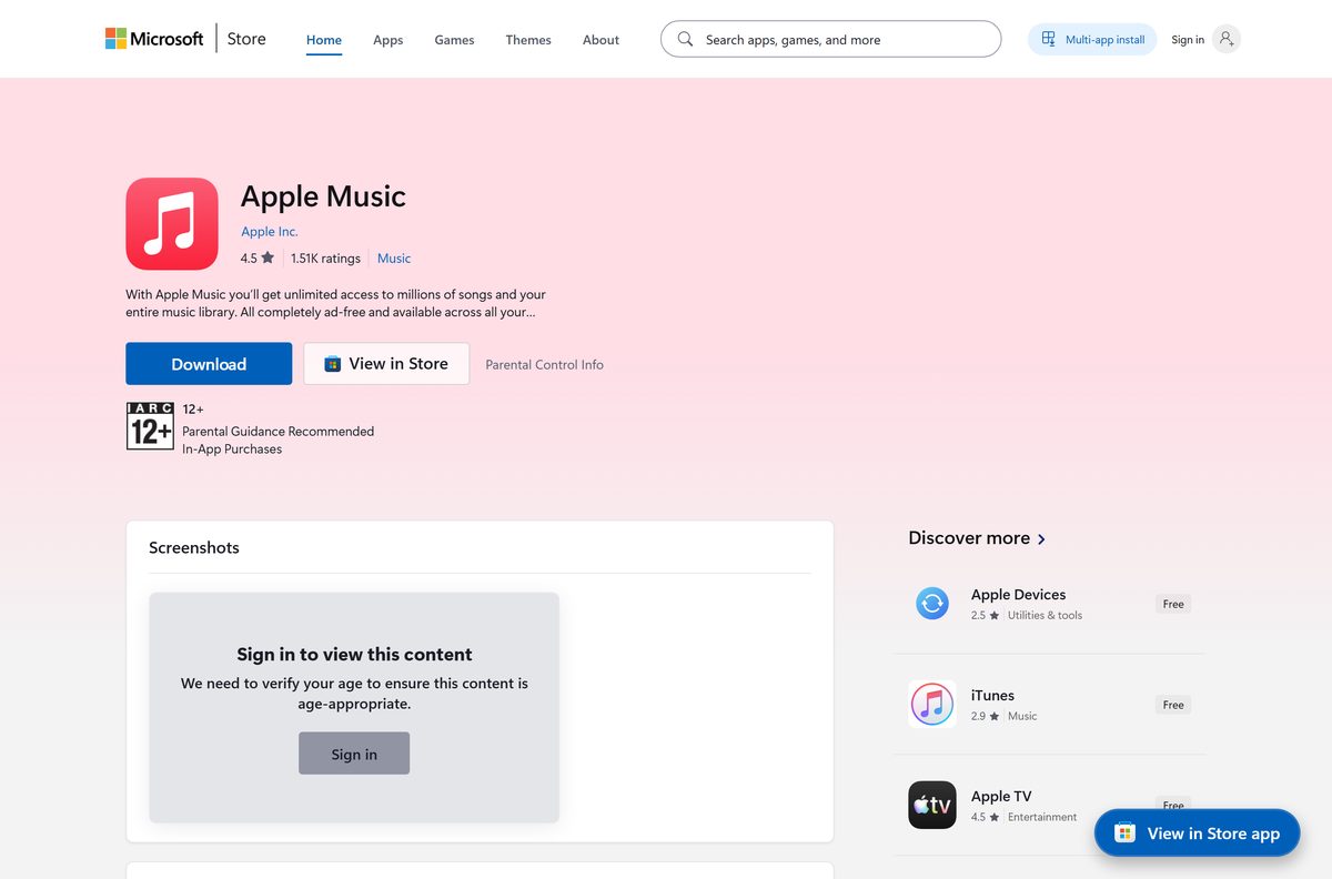 Microsoft Store listing for Apple Music with publisher and Get button