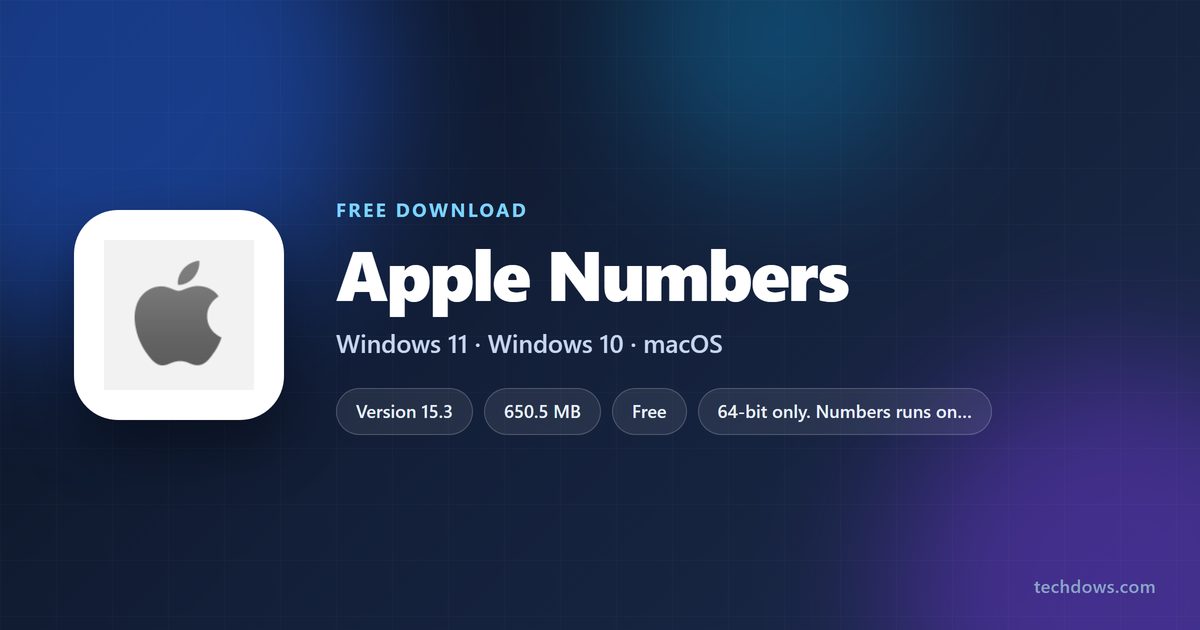 Apple Numbers spec card with price, version and supported systems
