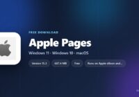 Apple Pages specification card showing version, download size and supported systems