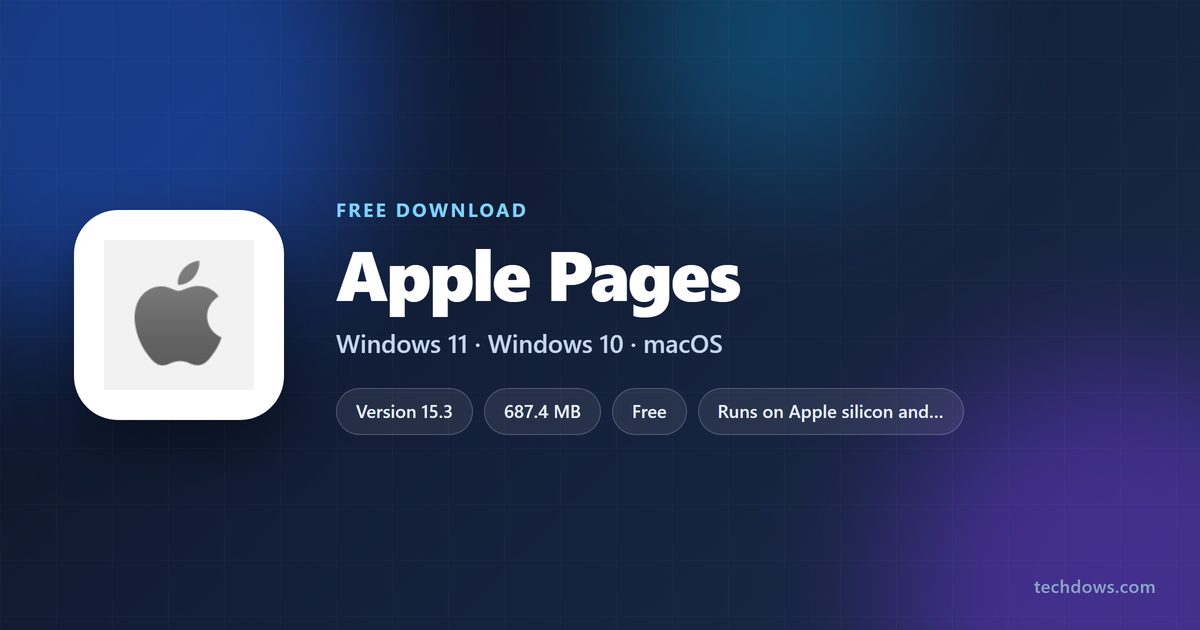 Apple Pages specification card showing version, download size and supported systems