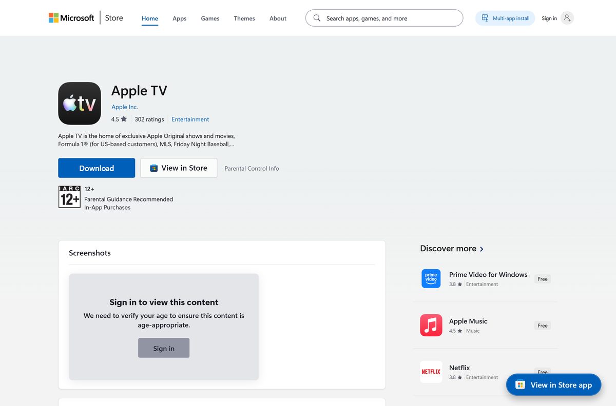 Microsoft Store listing for Apple TV with publisher and Get button