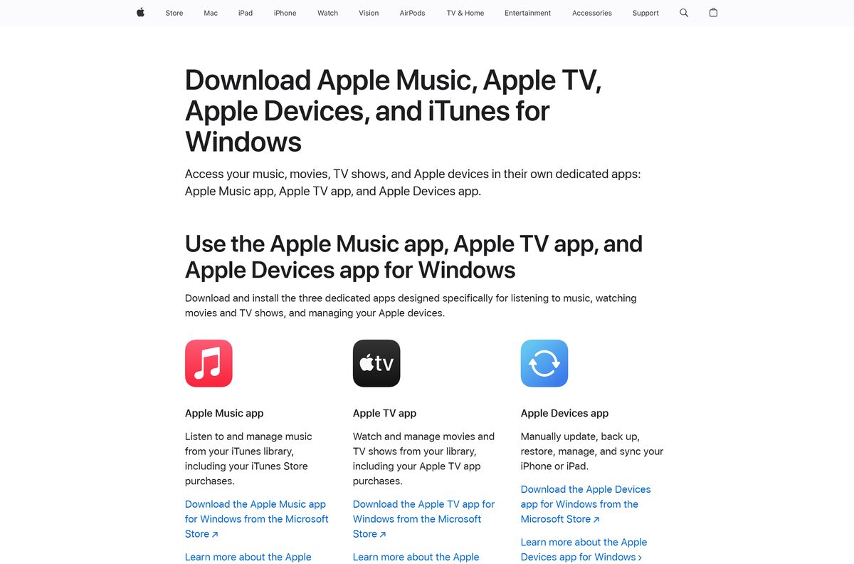 Apple support page listing Apple Music, Apple TV and Apple Devices for Windows