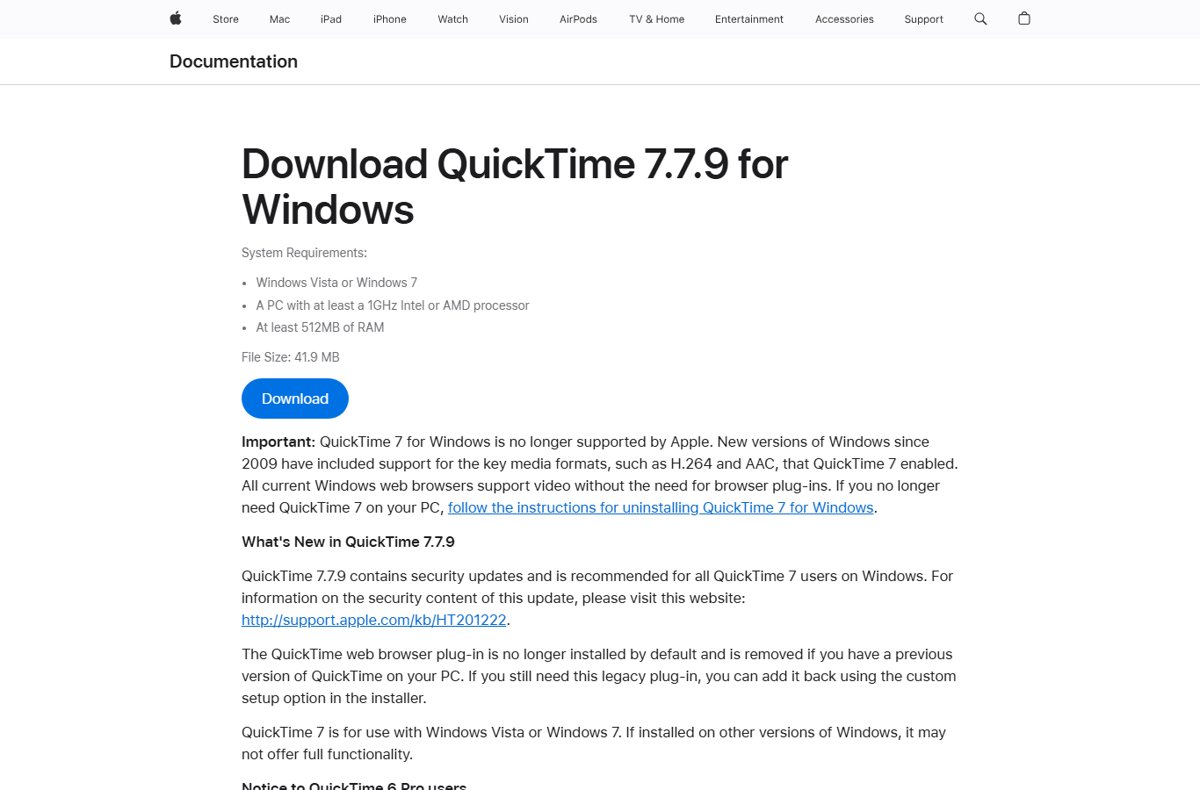 Apple support page for downloading QuickTime 7.7.9 on Windows
