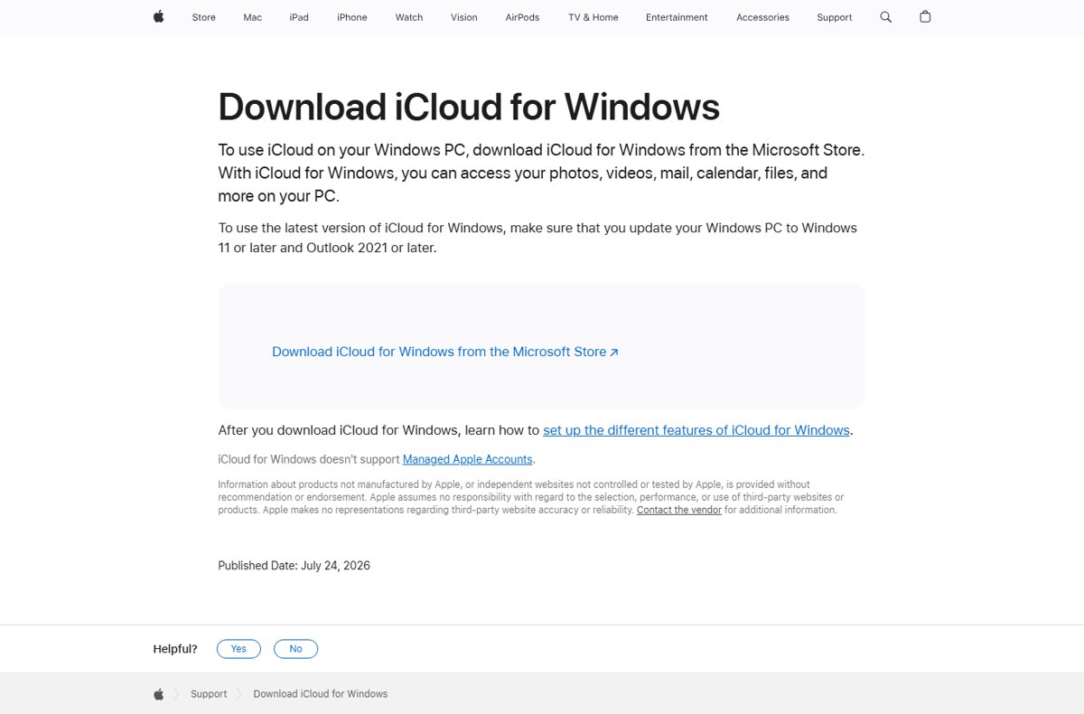 Apple support page for downloading iCloud for Windows from the Microsoft Store