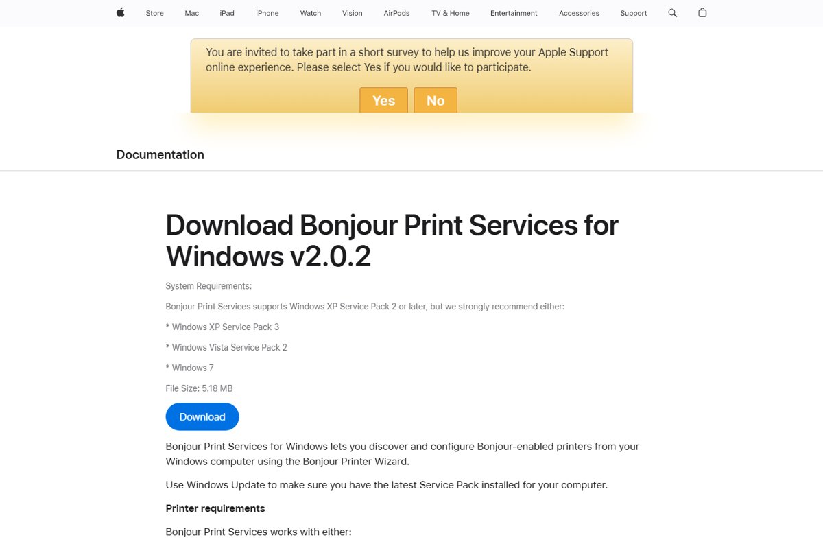 Apple's download page for Bonjour Print Services for Windows