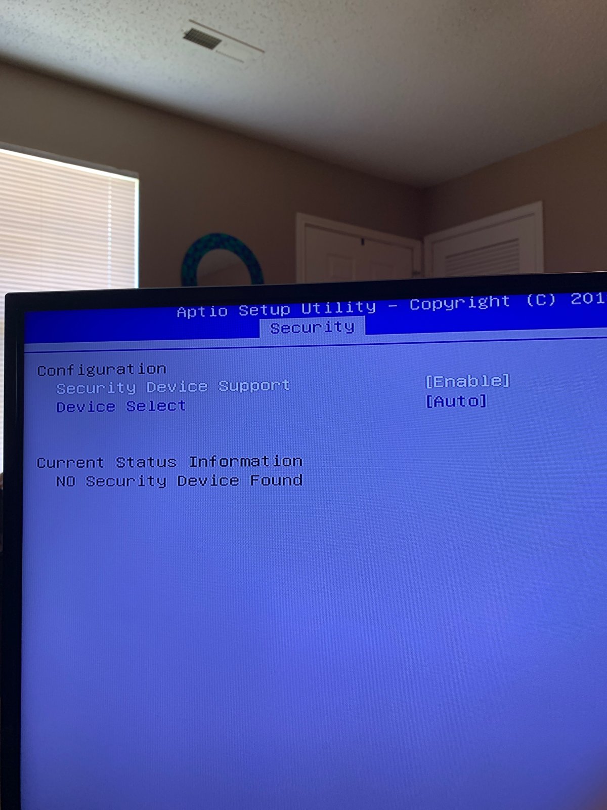 Aptio BIOS Security tab reporting no security device found