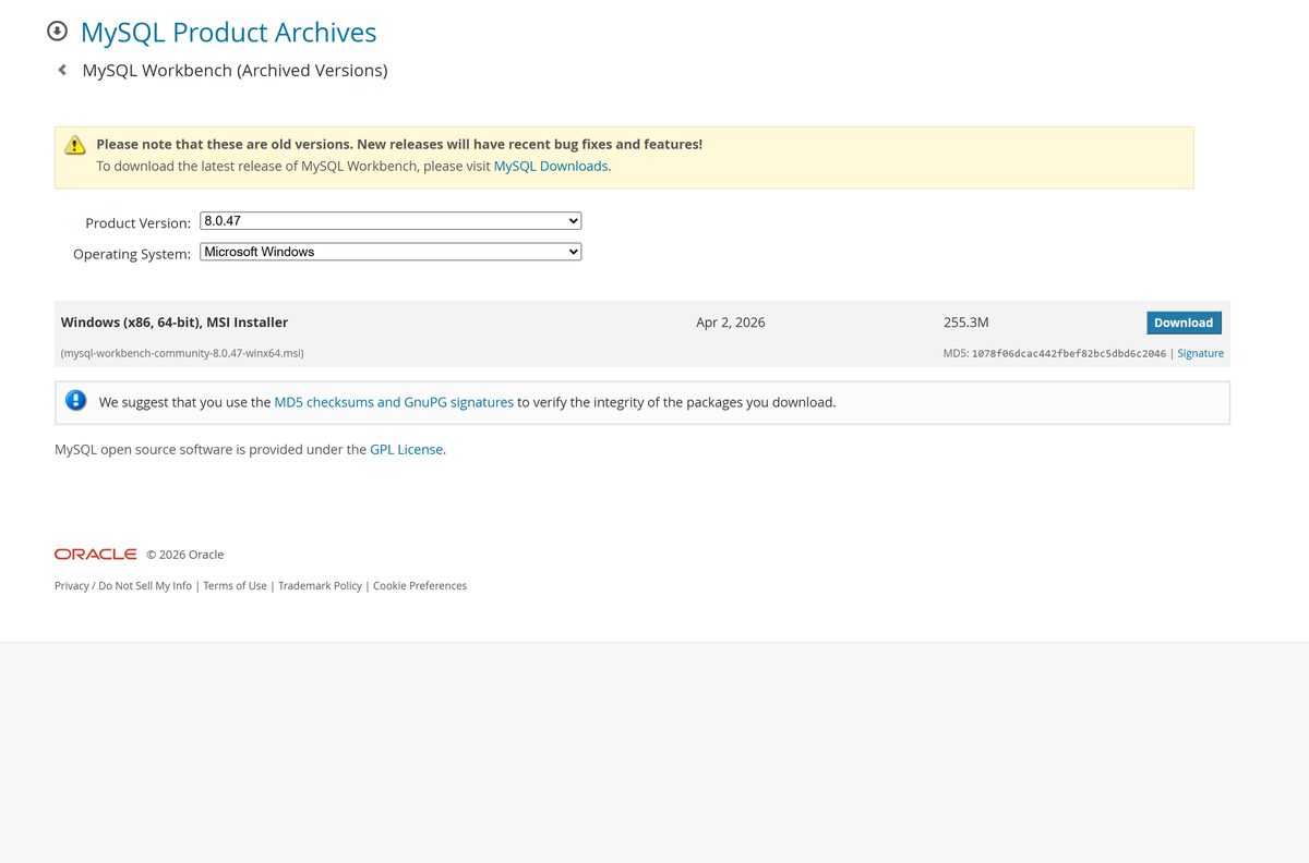 MySQL archives page with a version menu of superseded releases