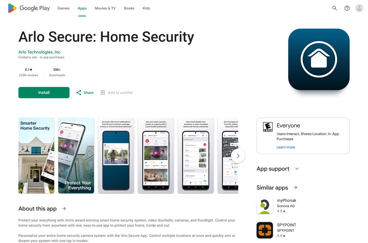 Google Play listing for Arlo Secure with its download count
