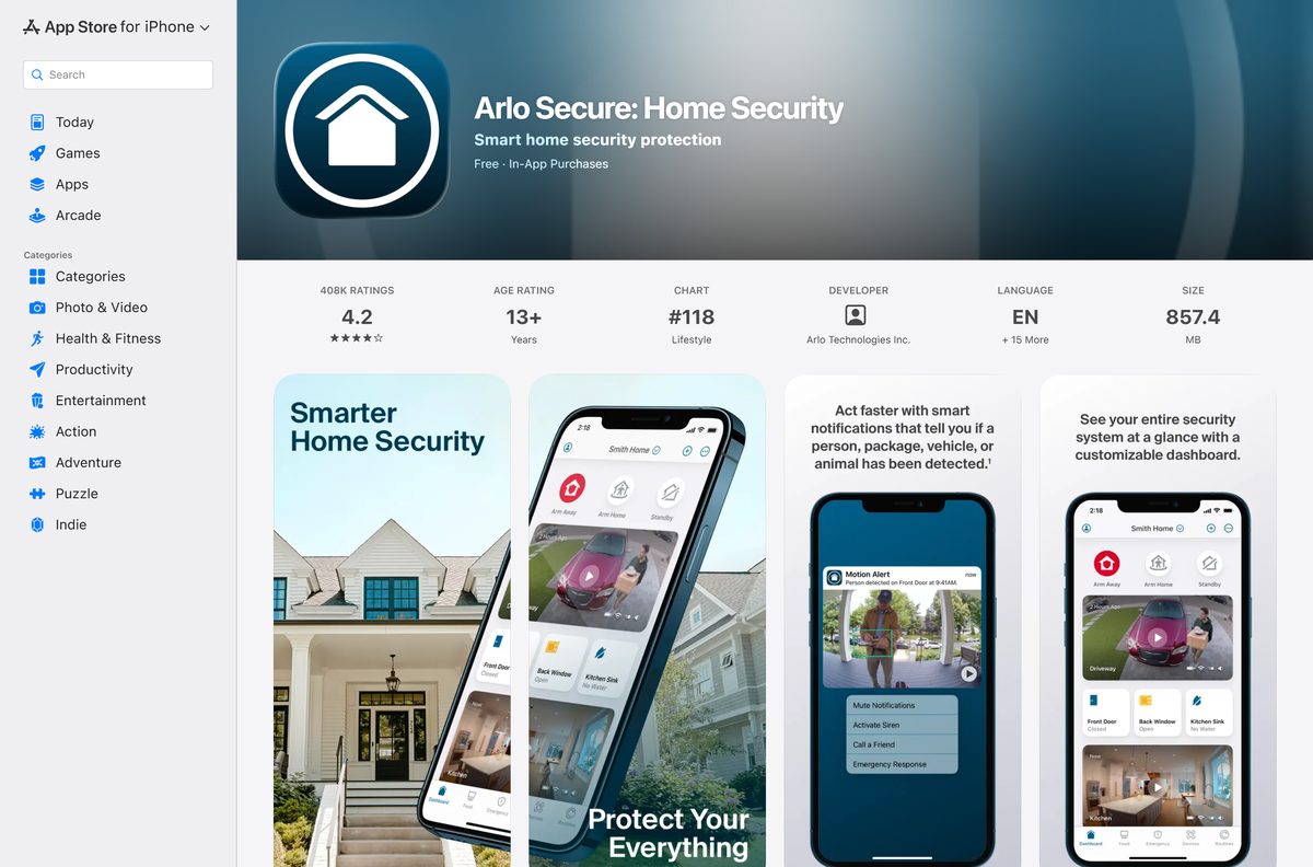 App Store page for Arlo Secure with its size and rating