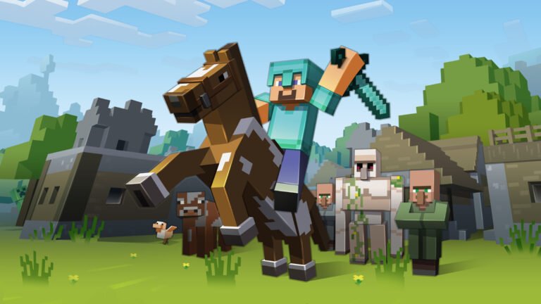 Armored Minecraft player riding a horse past villagers and a golem