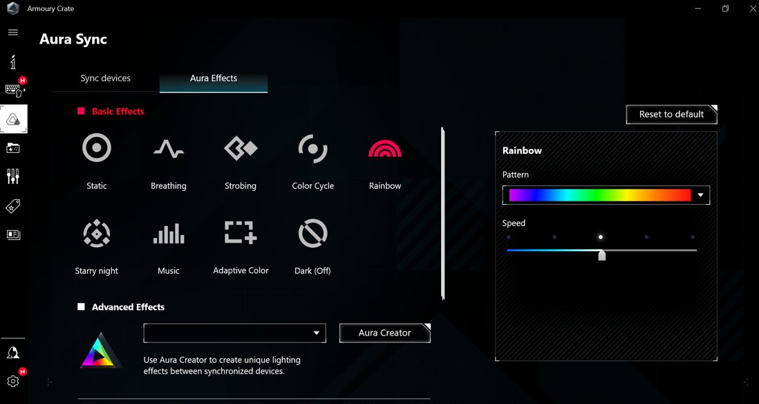 Armoury Crate Aura Sync effects tab with Rainbow selected