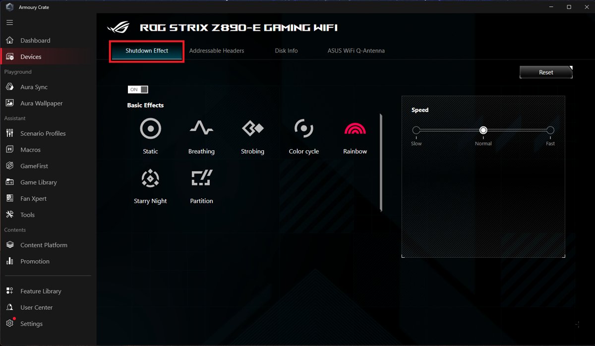 Armoury Crate Shutdown Effect tab with lighting pattern options