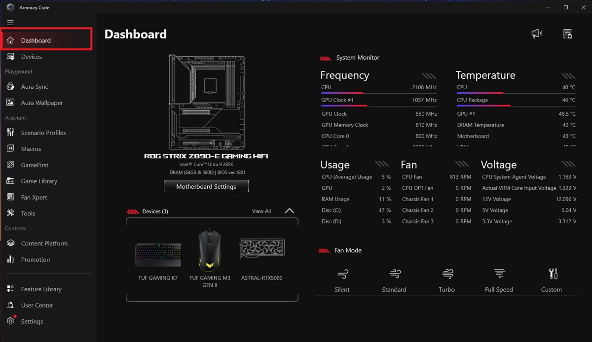 Armoury Crate dashboard open with system monitor and fan mode