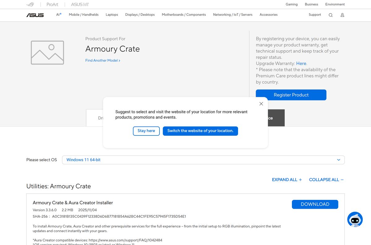 ASUS support page listing the Armoury Crate installer with its SHA-256 hash