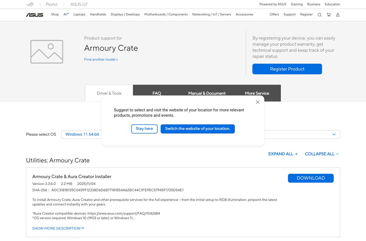 ASUS support page for the Armoury Crate installer and uninstall tool