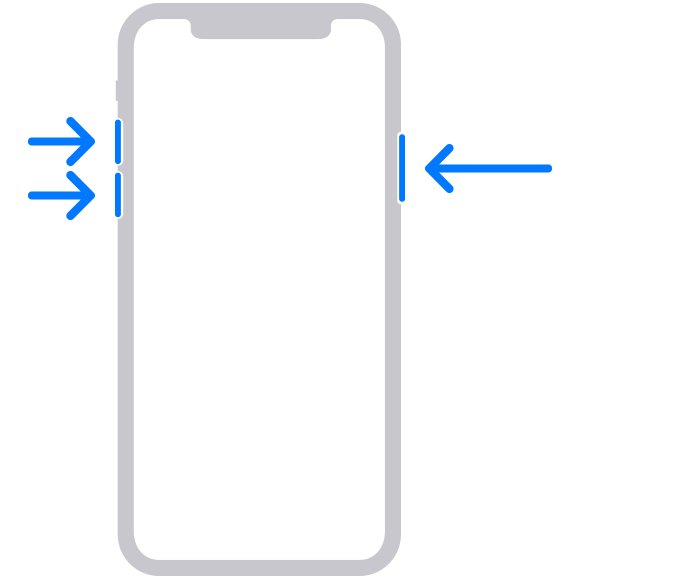 Arrows show Volume Up, Volume Down, then side button on iPhone