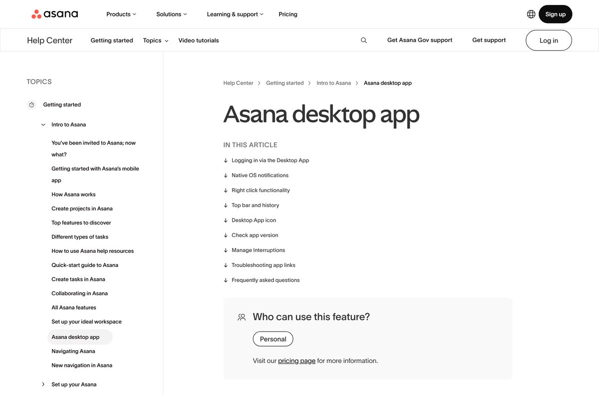 Help Center article covering the Asana desktop app and its requirements