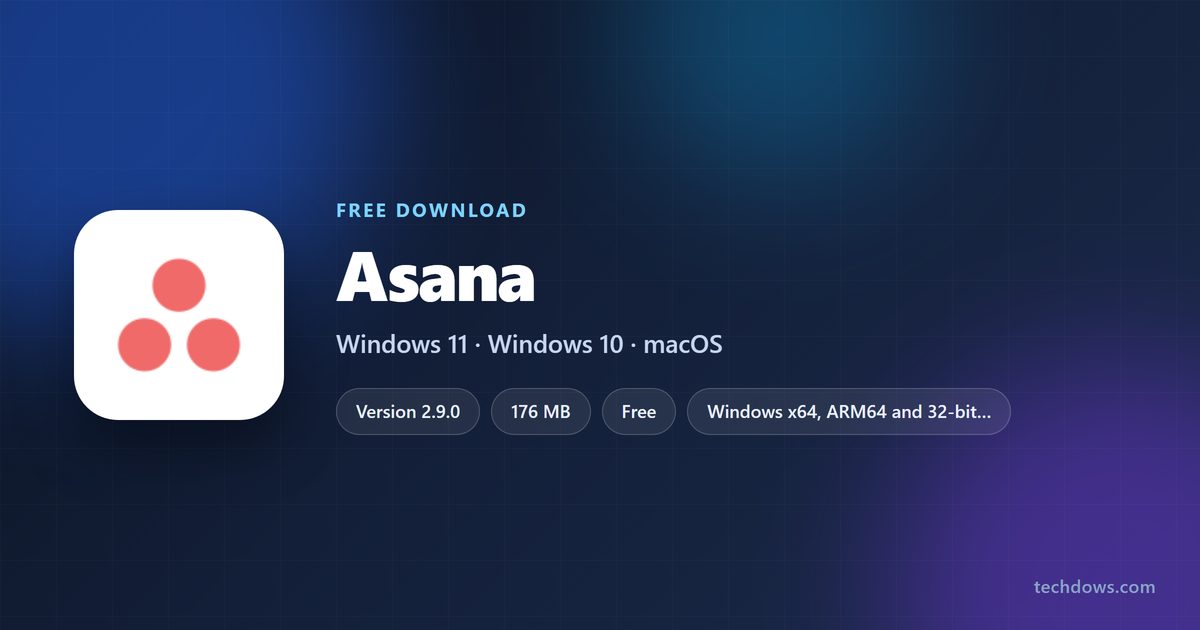 Asana logo with version, download size and supported Windows releases