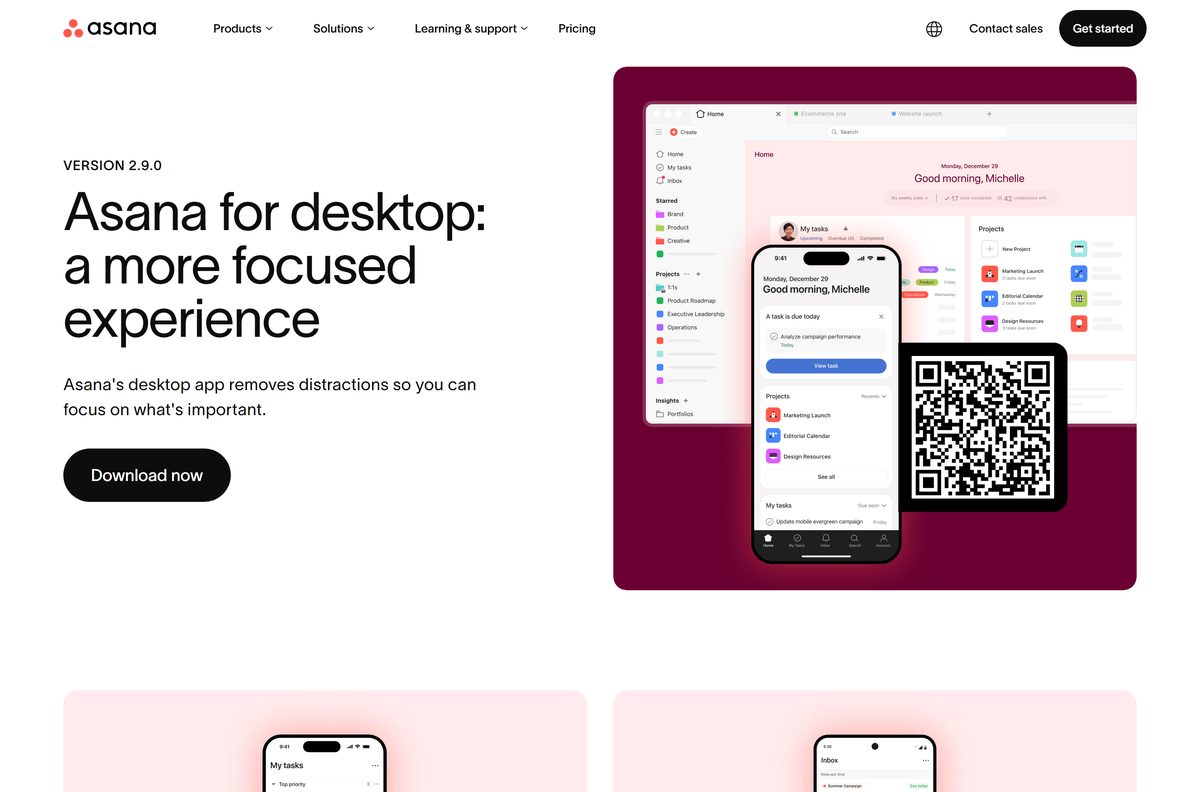 Asana download page listing Mac and three Windows desktop builds