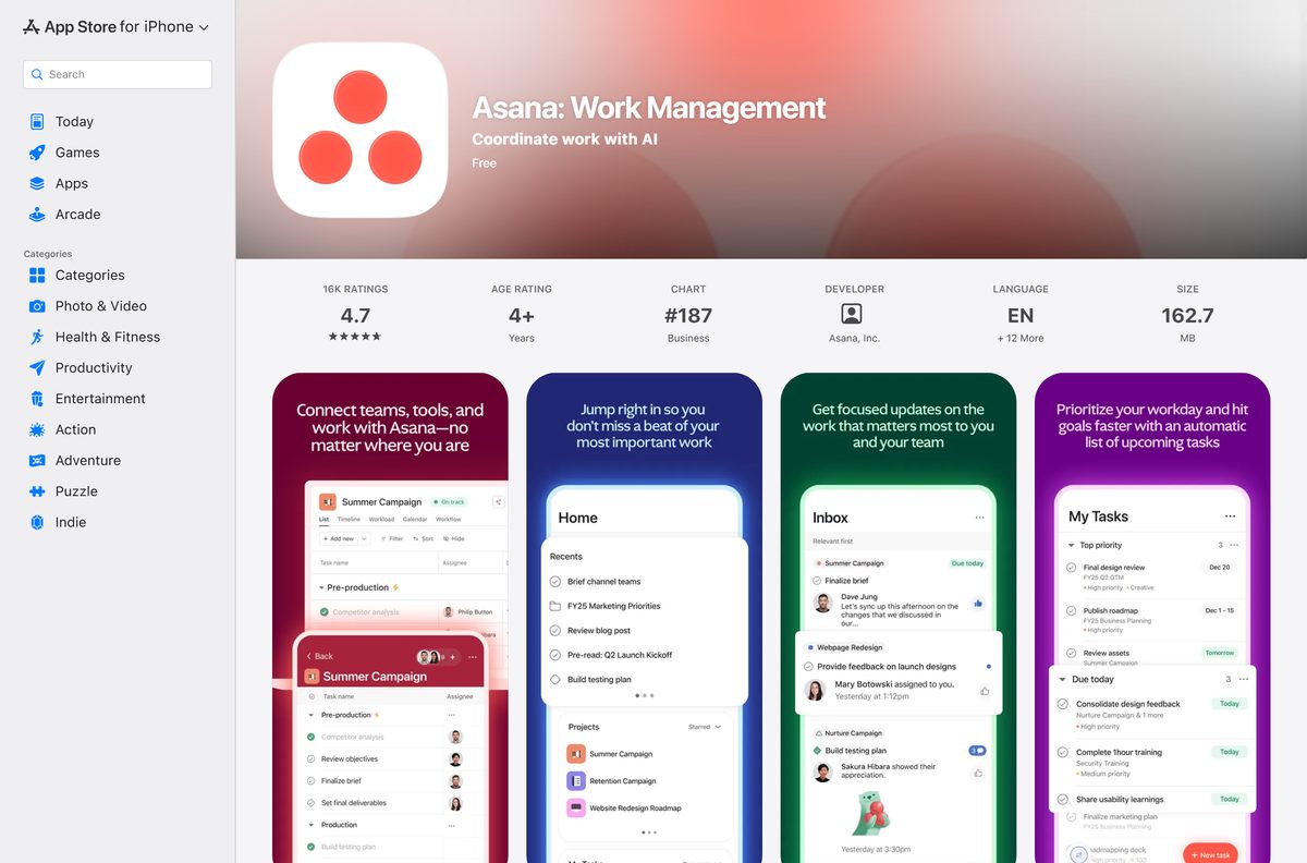 App Store page for Asana showing its size and iOS requirement