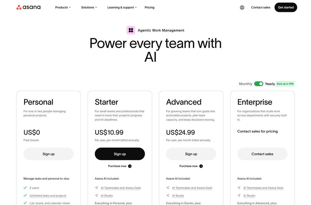 Pricing page showing the free Personal plan beside Asana paid tiers