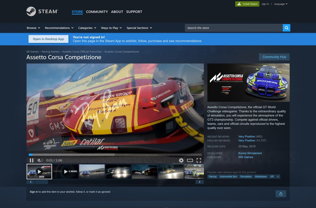 Steam listing for Assetto Corsa Competizione with its price