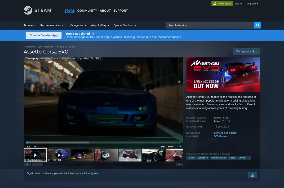Steam listing for Assetto Corsa EVO in Early Access
