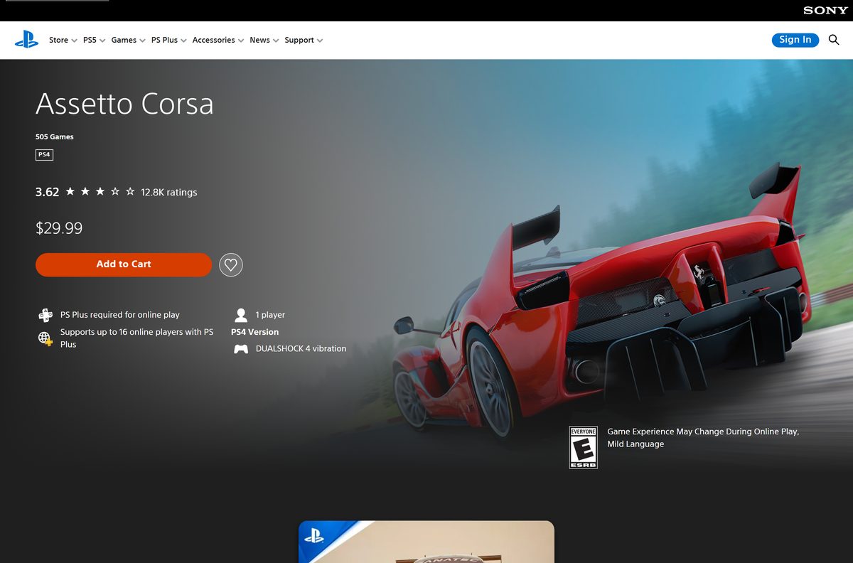 PlayStation page for Assetto Corsa on PS4 with edition prices