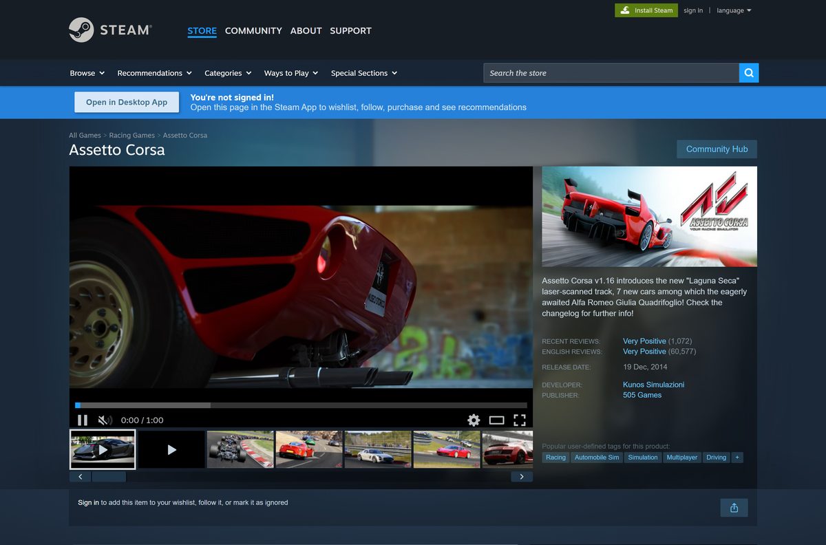 Steam store page for Assetto Corsa with its Buy button