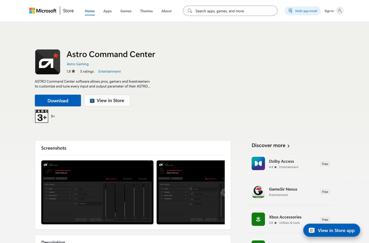 Microsoft Store listing for Astro Command Center with its publisher