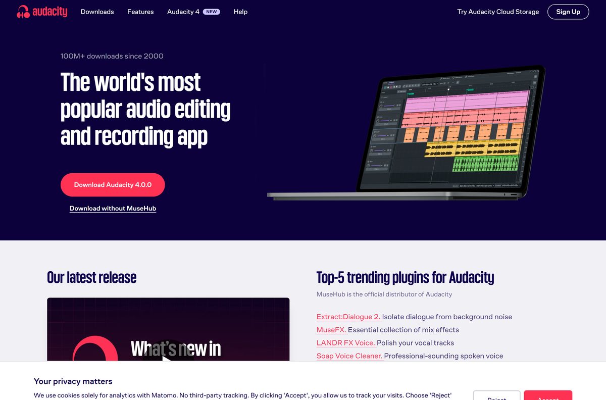 Audacity homepage showing the main button above Download without MuseHub
