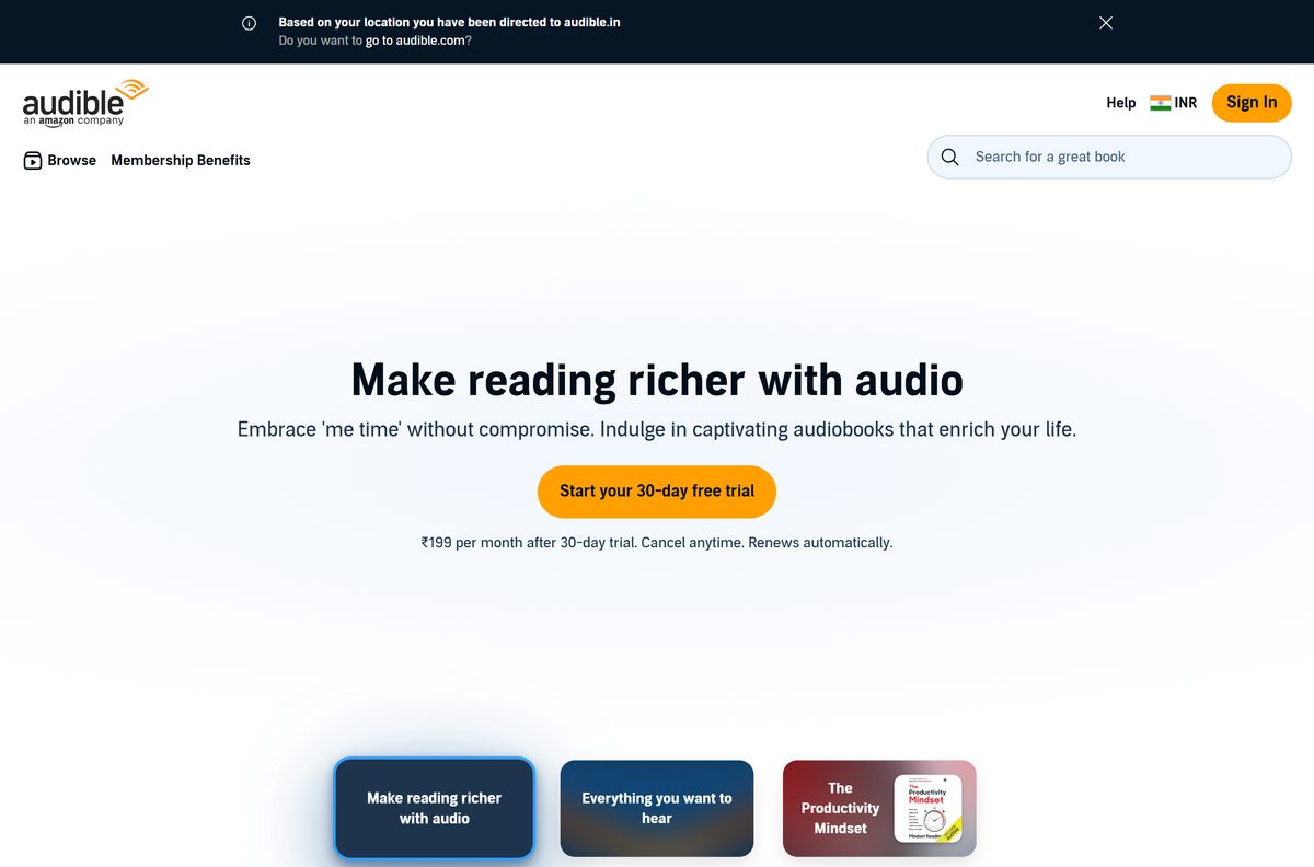 Audible membership plans page with Standard and Premium prices