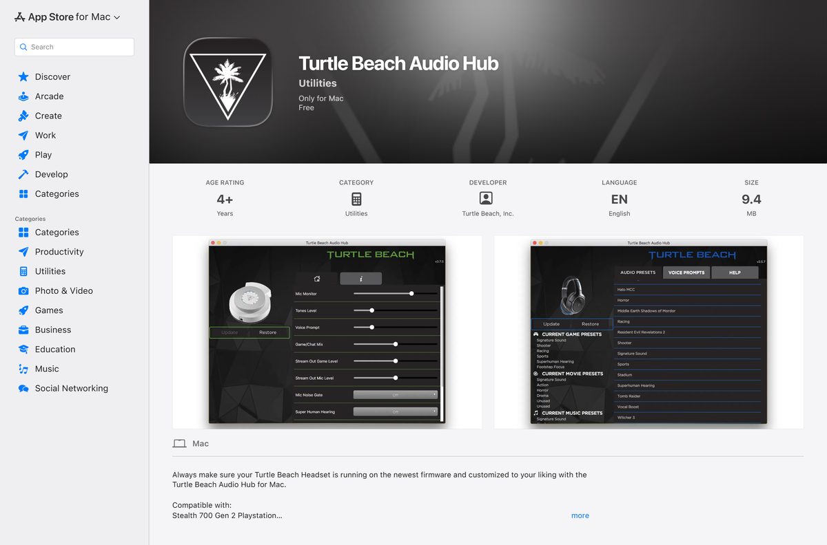 Mac App Store listing for Turtle Beach Audio Hub with its price