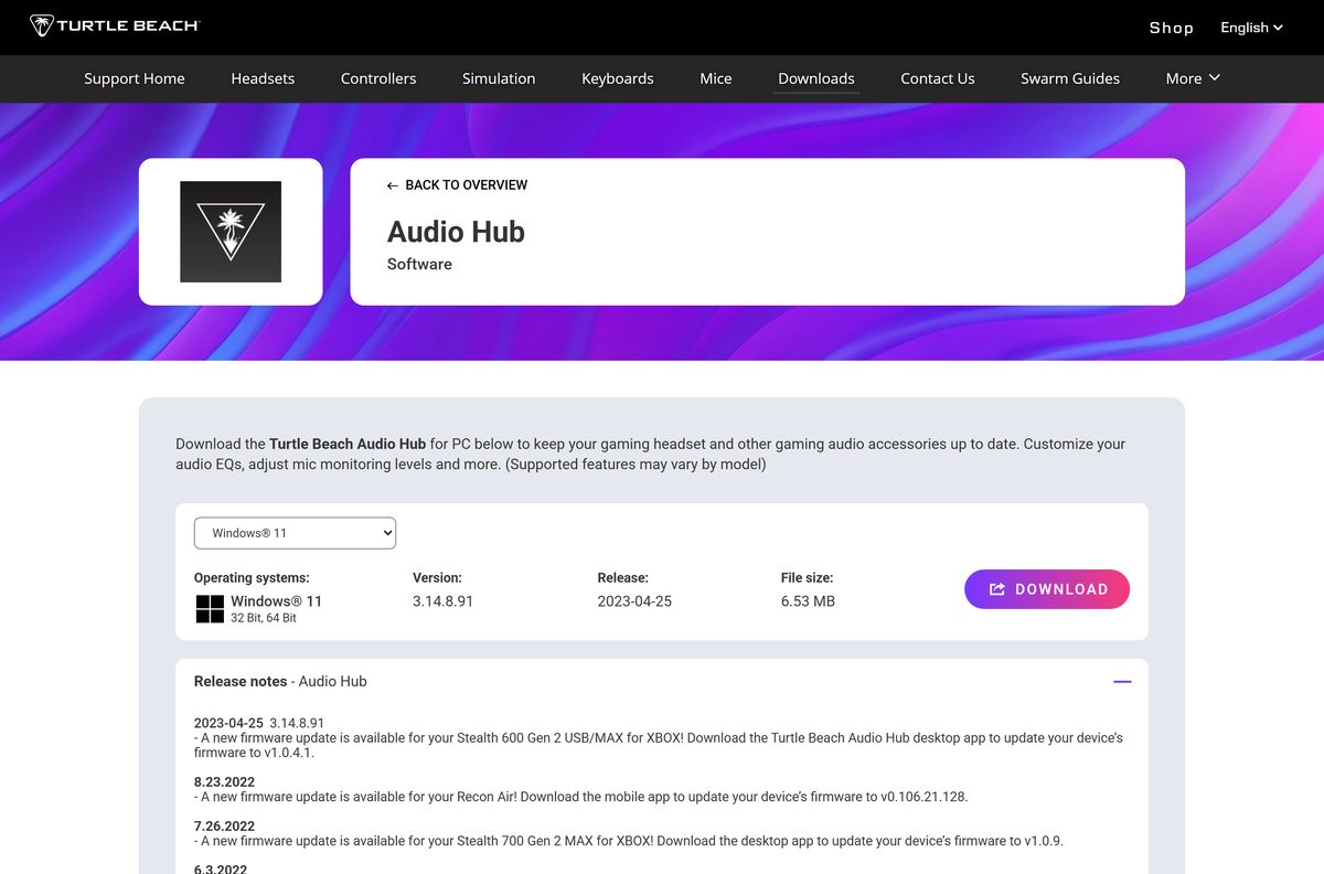 Turtle Beach Audio Hub entry on the official support downloads page