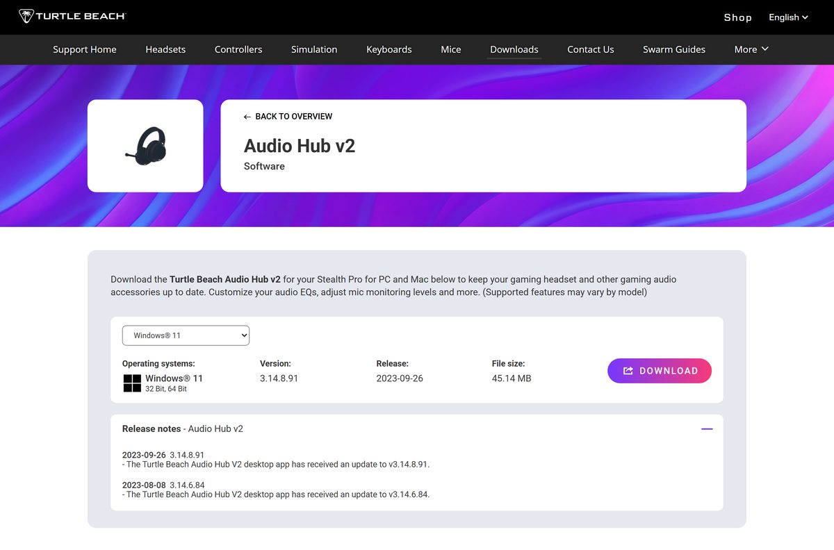 Support page showing the separate Audio Hub v2 app for Stealth Pro