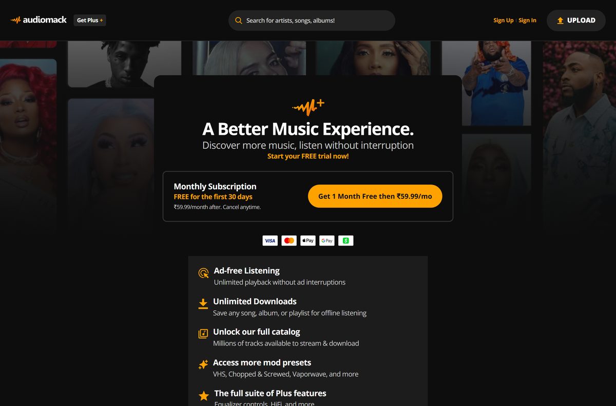 Audiomack+ upgrade page listing the premium subscription features