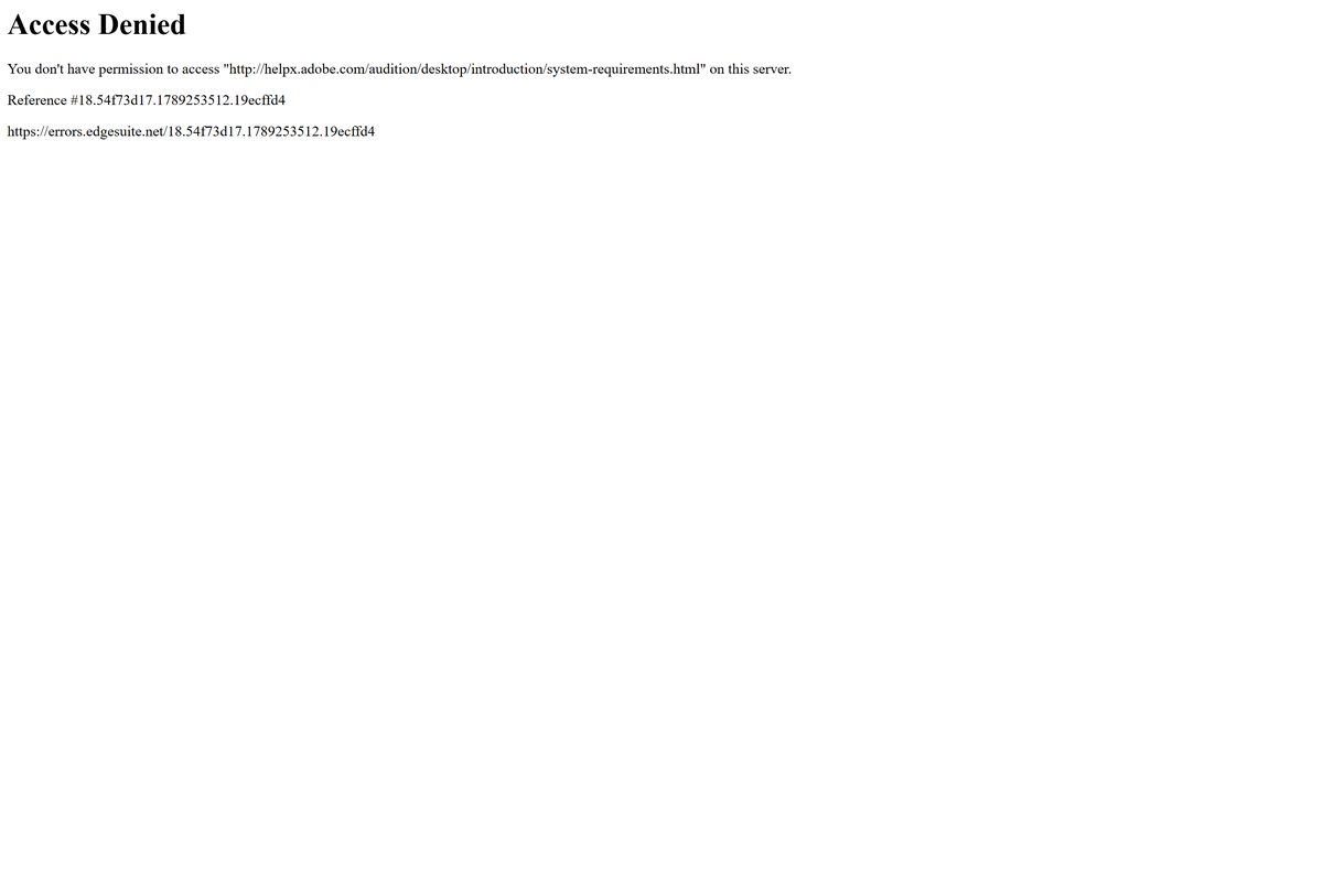 Adobe help page listing Audition processor, memory and disk requirements